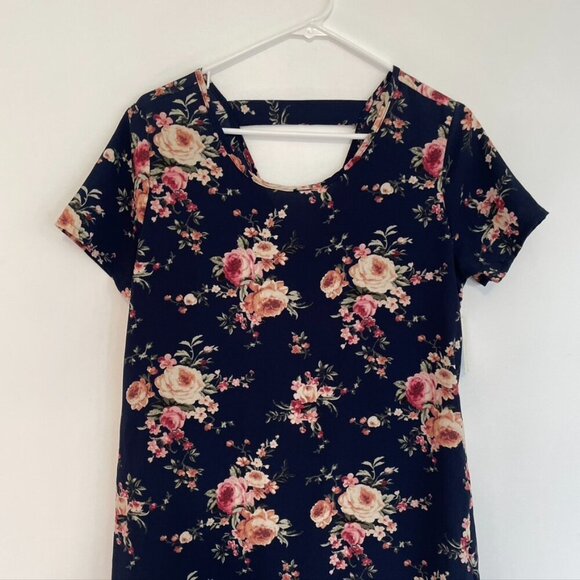 NEW NWT BLUE RAIN FRANCESCA'S Navy Blue Pink Cream Floral Ruffle Shift Dress M - Picture 2 of 14